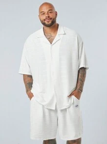 Manfinity VCAY 2 件男士大码休闲针织 3D 提花宽松落肩毛衣衬衫，配毛领、抽绳腰直筒短裤、夏季服装 - 白色 - 查看 1