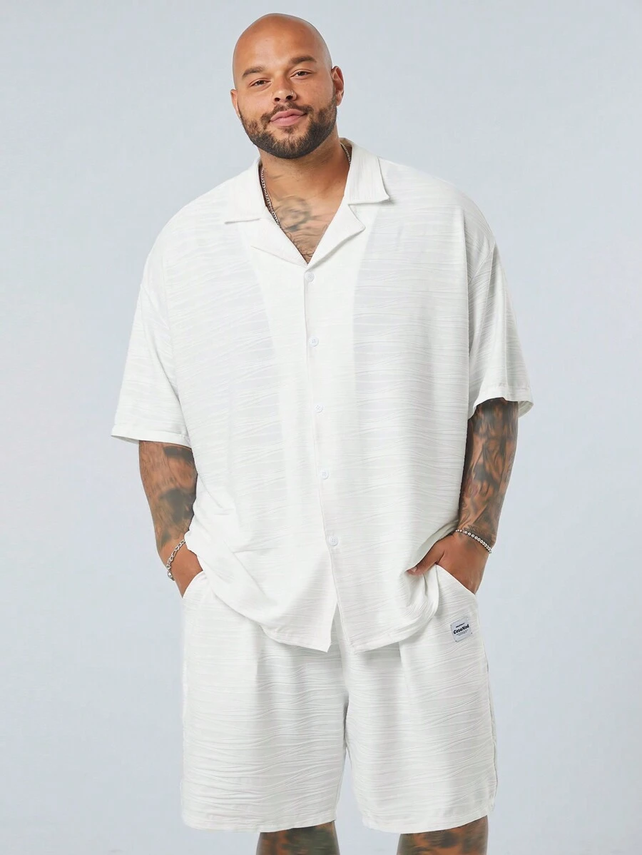 Manfinity VCAY 2 件男士大码休闲针织 3D 提花宽松落肩毛衣衬衫，配毛领、抽绳腰直筒短裤、夏季服装 - 白色 - 查看 1