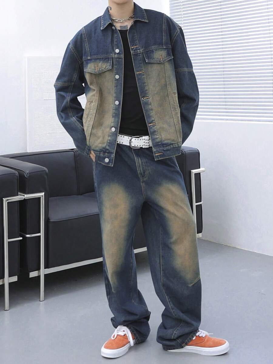 Manfinity EMRG Plus Size Men's Casual Ombre Washed Denim Jacket And Pants Set, Spring Autumn - Dark Wash - View 1