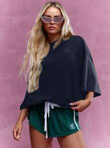 MISSGUIDED Camiseta oversize de cuello redondo con hombros caídos y logotipo bordado - Azul Marino - Ver 1