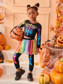 2 件装年轻女孩彩色骷髅图案印花 T 恤和紧身裤裙万圣节服装 - 黑色 - 查看 1