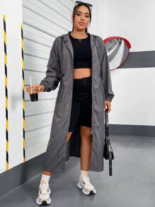 Flirla Plus Size Drawstring Hooded Sun Protection Casual Long Outerwear Fall Winter Cloth For Women Autumn