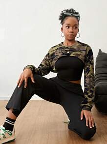 SHEIN Teenage Girls Camouflage Crop Top With Black Strap & Simple Cargo Pants High Street Style Cool 3pcs Outfit