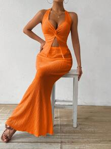 Rafferiza 女士度假纯色扭纹前开衩下摆露背上衣和鱼尾紧身裙套装 - 橘色 - 查看 5