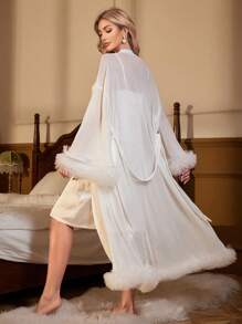 Fuzzy Trim Belted Satin Robe & Cami Dress PJ Set / Pajama Set White Set, Vacation