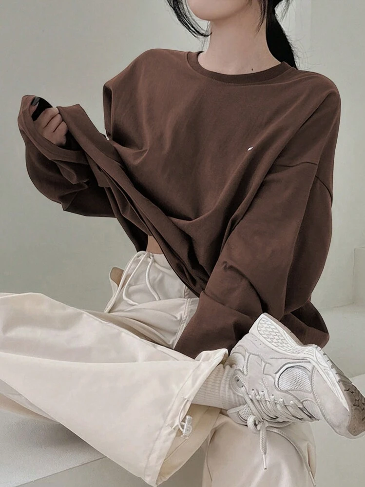 DAZY Women's Spring/Summer Loose Casual T-Shirt With Slogan Print, Round Neck And Drop Shoulder Long Sleeves - Brown - View 5