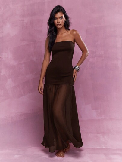 MISSGUIDED Vestido largo de gasa con volantes en el bajo