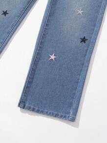 SHEIN Tween Girl Daily Casual Star Pattern Jeans - Medium Wash - View 4