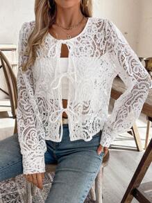 SHEIN LUNE Solid Color Twist Front Sheer Long Sleeve Shirt Fall Cloth For Women - White - View 4
