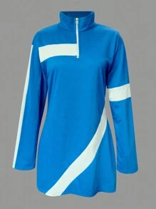 INAWLY Women's Casual Loose Fit Colorblock Zip-Up Long Sleeve Midi Dress, Spring Autumn - Royal Blue - View 4