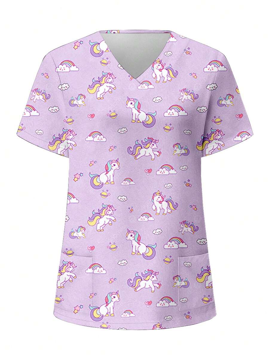 PopScrub Women's Cartoon Unicorn Print V-Neck Short Sleeve Casual Top, Scrub Tops - Mauve Purple - View 1