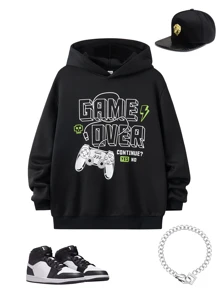 SHEIN 1入組青少年男孩街頭風格寬鬆連帽圖案印花運動衫，適用於秋冬戶外活動 - 黑色 - 查看 3