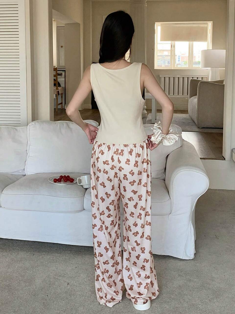 Bear Print Sleeveless Top And Pants Pajama Set