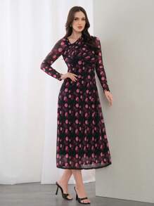 Modelyn Vestido modesto de manga larga con cuello asimétrico y estampado floral, adecuado para primavera y verano, vestido largo de noche - Multicolor - Ver 5