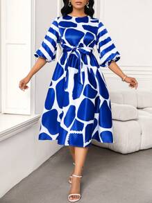 SHEIN Lady Vestido de línea H con estampado geométrico azul y blanco, cinturón con lazo en la cintura y mangas de longitud media para mujer - Azul - Ver 4
