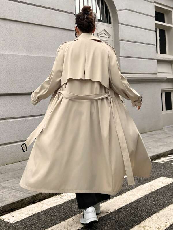 SHEIN EZwear Plus Size Khaki Long Trench Coat For Early Autumn