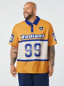 Manfinity VCAY Herren Großen Größen lose sitzende College-Stil Strick Polo Shirt mit Kurzarm, Muster mit Buchstaben und Zahlen, passend für den Sommer