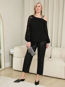 SHEIN LUNE 女式高腰时尚锥形 PU 皮裤，带口袋 - 黑色 - 查看 6