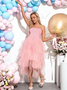 Loomaby Gender Reveal Dress Maternity Asymmetrical Hem Tube Dress For Party,Perfect For Vacation Baby Shower Party - Pink - View 3