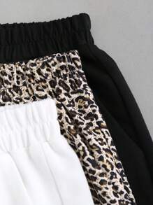 SHEIN Unity 3pcs Women's Elastic Waist Casual Shorts Set, Solid Color And Leopard Print - Multicolor - View 4