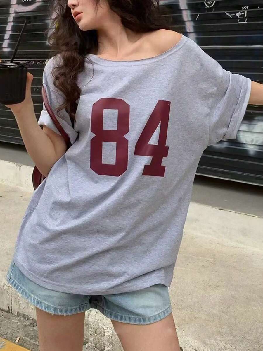 INAWLY Women's Summer Digital Print Round Neck Oversized Drop Shoulder Short Sleeve Casual T-Shirt