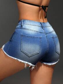 SHEIN SXY Women's Fringed Casual Denim Shorts With Pocket And Distressed Design