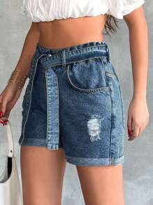 RueChic Paperbag Waist Fold Up Detail Light Wash - Medium Wash - View 4