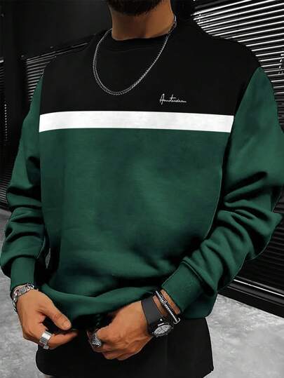 Manfinity Homme 大码男士圆领拼色字母印花休闲时尚长袖外出套头衫，绿色运动衫，男士运动衫，男士长袖运动衫，适合秋季