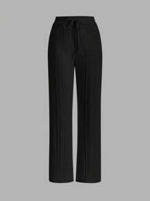 SHEIN EZwear 女士黑色针织休闲日常长裤 - 黑色 - 查看 1