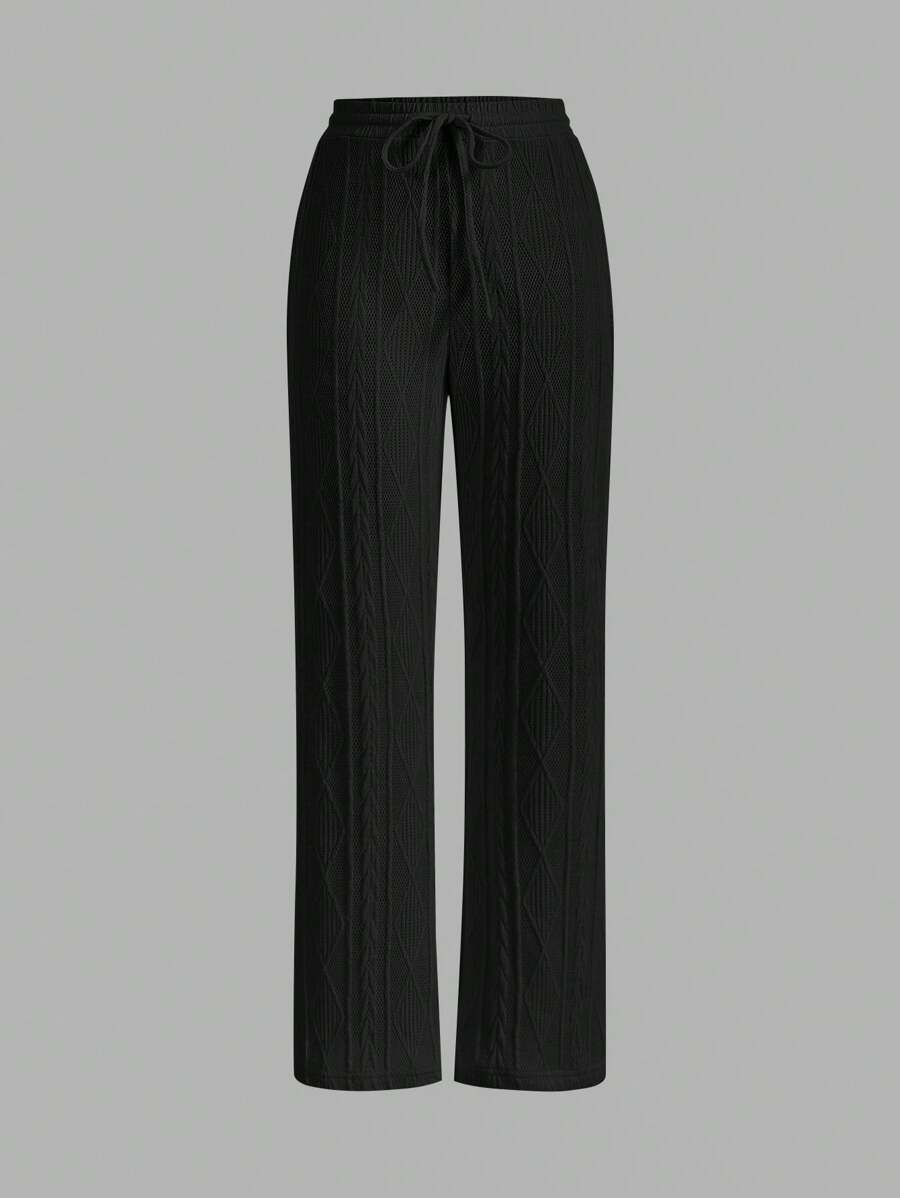 SHEIN EZwear 女士黑色针织休闲日常长裤 - 黑色 - 查看 1