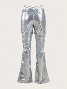 SHEIN X KeniaOs SHEIN ICON Pantalones acampanados con cintura fruncida y atadura - Plateado - Ver 2