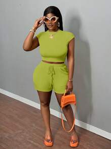 Slaydiva Plus Size Yellow Sleeveless Casual Street Slouchy Slim Sports Shorts Macaron Dopamine Color Shorts Ladies Elastic Waist Suit-F