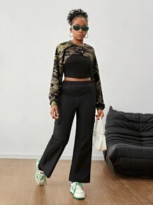 SHEIN Teenage Girls Camouflage Crop Top With Black Strap & Simple Cargo Pants High Street Style Cool 3pcs Outfit