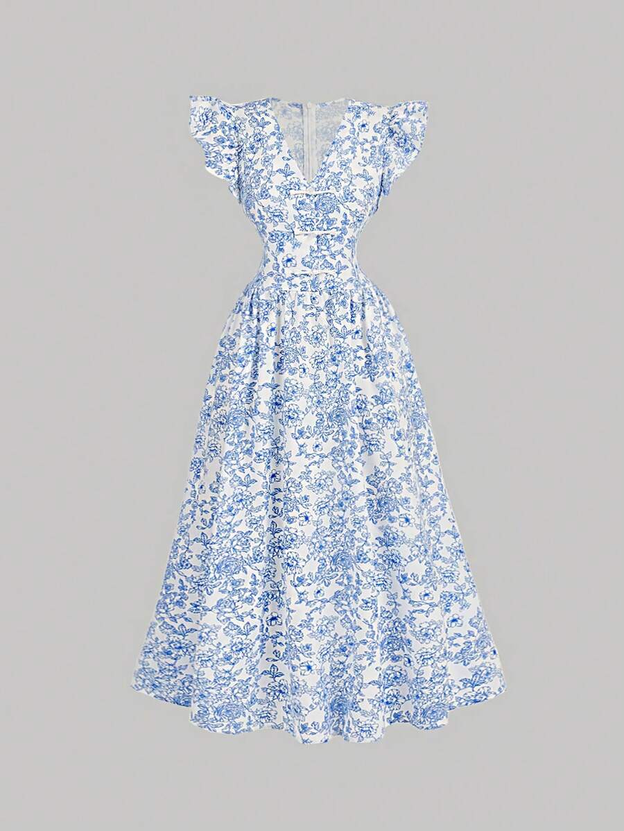 SHEIN MOD Váy in họa tiết cổ điển Trung Quốc tay loe ngắn màu xanh lam có khóa cài thanh lịch, váy đầu thu cho nữ trang phục sinh nhật váy dạ hội váy độc thân - Màu xanh lam - Xem 1