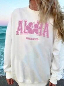 SHEIN EZwear 女士春秋字母与花卉印花超大圆领运动衫 - 白色 - 查看 1