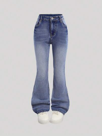 SHEIN Girlism Teen Girls Y2K Stonewashed High Waist Cat Whisker Washed Flare Leg Jeans,Girls Clothes Back To School Streetwear Outfits