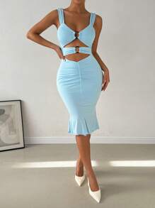 Zolique Vestido ajustado de unicolor con tirantes anchos, plisado, sexy y calado, para uso casual en vacaciones - Celeste - Ver 3