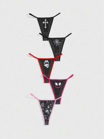 Dark Skull Flame Cross Guitar Lips #8 Ball Rose Star Chain Spiderweb Print Contrast Trim Bikini 5 Pieces Set, Halloween