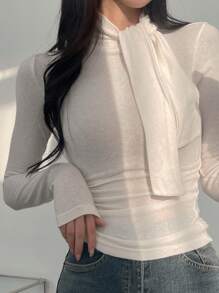 DAZY Women Fall Lace-Up Turtleneck Base Layer Top Long Sleeve Women Tops - White - View 6