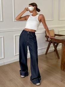 Livesso Vintage Wash Pocket Wide Leg Women's Jeans,Back To School Clothes - Dark Wash - View 8