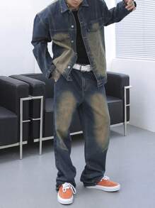 Manfinity EMRG Plus Size Men's Casual Ombre Washed Denim Jacket And Pants Set, Spring Autumn - Dark Wash - View 4