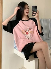 DAZY Women's Cute Rabbit Printed Contrast Color Raglan Sleeve Sleeve T-Shirt And Shorts Design Homewear Set - Pink - View 3
