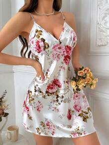 LuxeNights Floral Print Silk-Like Cami Sleep Dress Pajama Dress Luxeloungewear - White - View 6