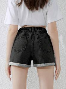 SHEIN Teen Girl Elastic Waist Distressed Denim Shorts With Pockets And Rolled Hem, Casual
