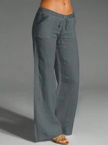 Women's Solid Color Casual Drawstring Pocket Elastic Waist Pants - Dark Grey - View 1