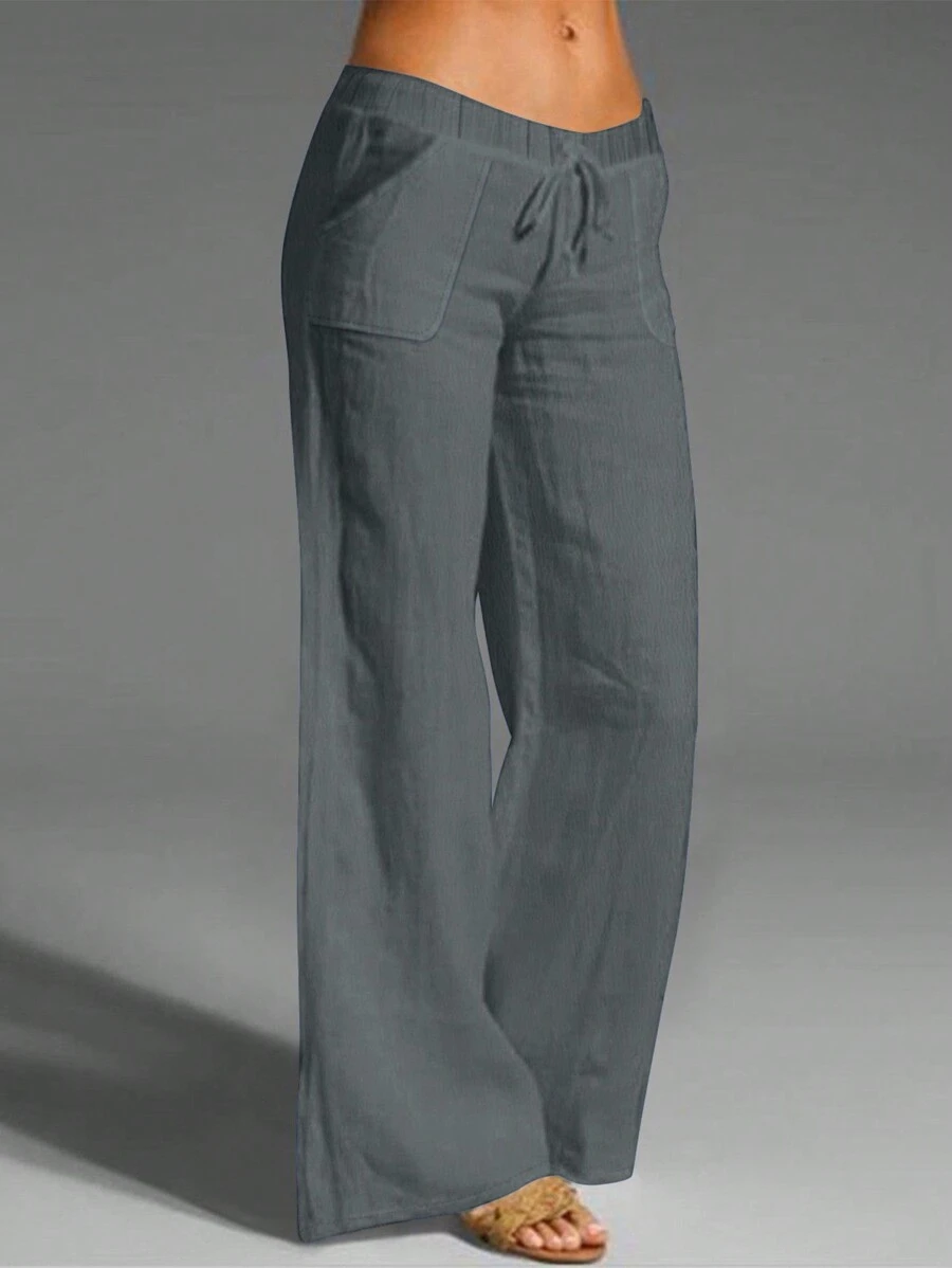 Women's Solid Color Casual Drawstring Pocket Elastic Waist Pants - Dark Grey - View 1