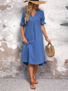 SHEIN LUNE V-Neck Ruffle Trim Short Sleeve Split Side Denim Casual Dress, Daily - Medium Wash - View 6