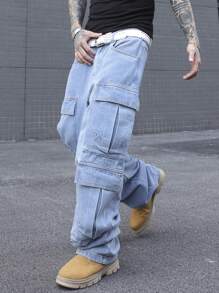 PAVTROS Manfinity Streetrush Men Casual Washed Straight Cargo Jeans - Blue - View 4