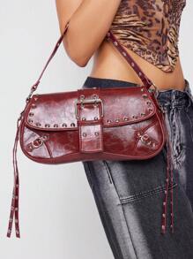 SHEIN X Lucía Bellido SHEIN SXY Fashionable Shoulder Bag With Rivet Decoration For Women And Teenagers, Fashionable Burgundy Bag Valentines