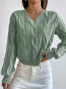 RueChic Solid Cable Knit V Neck Sweater - Mint Green - View 2